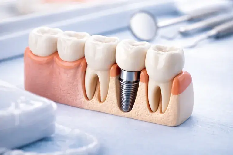 Model of a dental implant beside natural teeth
